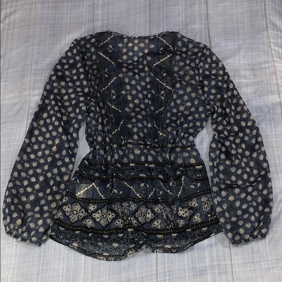Style & Co BOHO Hazel Blue Sheer Peasant Blouse Metallic Thread, Ruffle Petite L - Picture 1 of 16
